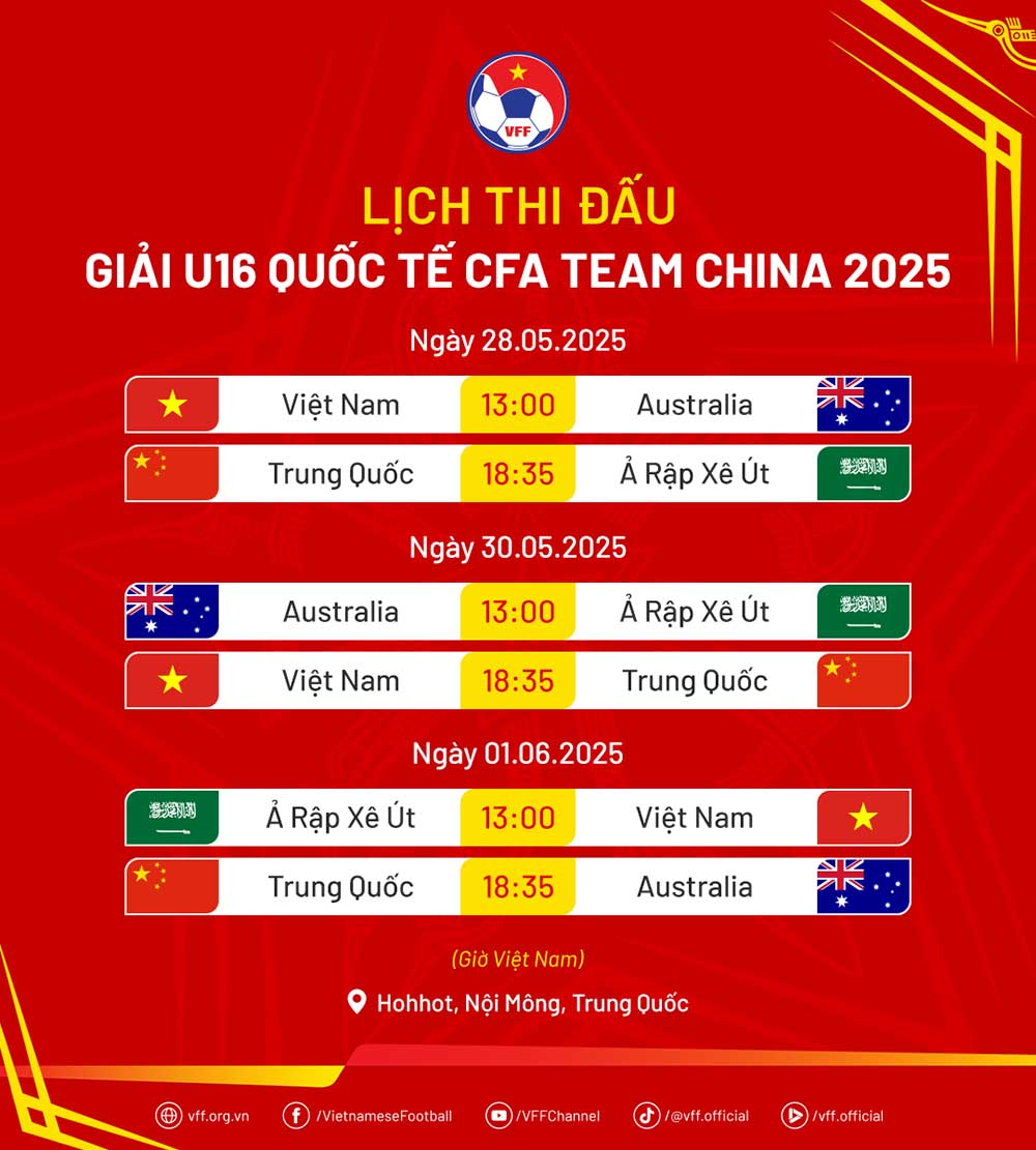Lich thi dau cua U16 Viet Nam tai giai U16 quoc te CFA Team China 2025. Anh: VFF