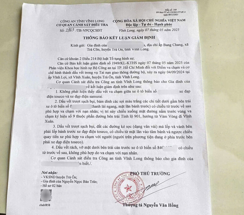 Thông báo kết quả giám định của Cơ quan CSĐT Công an tỉnh Vĩnh Long về vụ tai nạ giao thông tại huyện Trà Ôn năm 2024. Ảnh: Bà N.Th cung cấp.