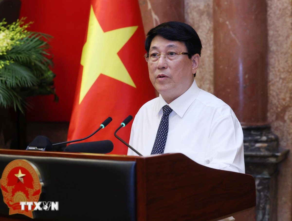 Uy vien Bo Chinh tri, Chu tich nuoc Luong Cuong phat bieu chi dao. Anh: Lam Khanh/TTXVN 
