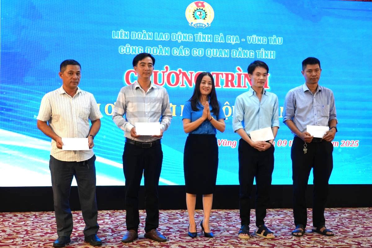 Ms. Pham Thu Huong - Vice President of the Provincial Federation of Labor - presented gifts of thanks and support to workers at the program. Photo: Thanh An