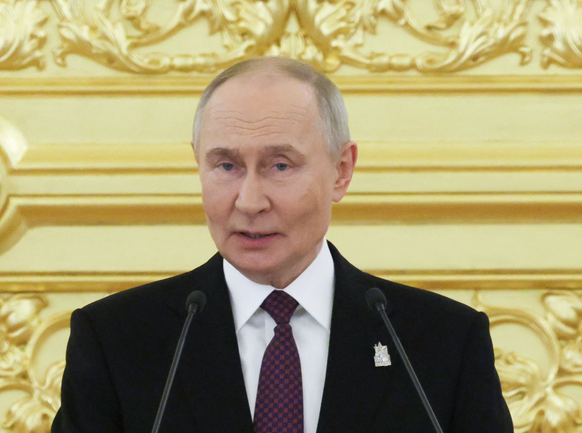 Russian President Vladimir Putin speaks at a reception to celebrate the 80th anniversary of Victory Day, on the evening of May 7, 2025. Photo: AFP
