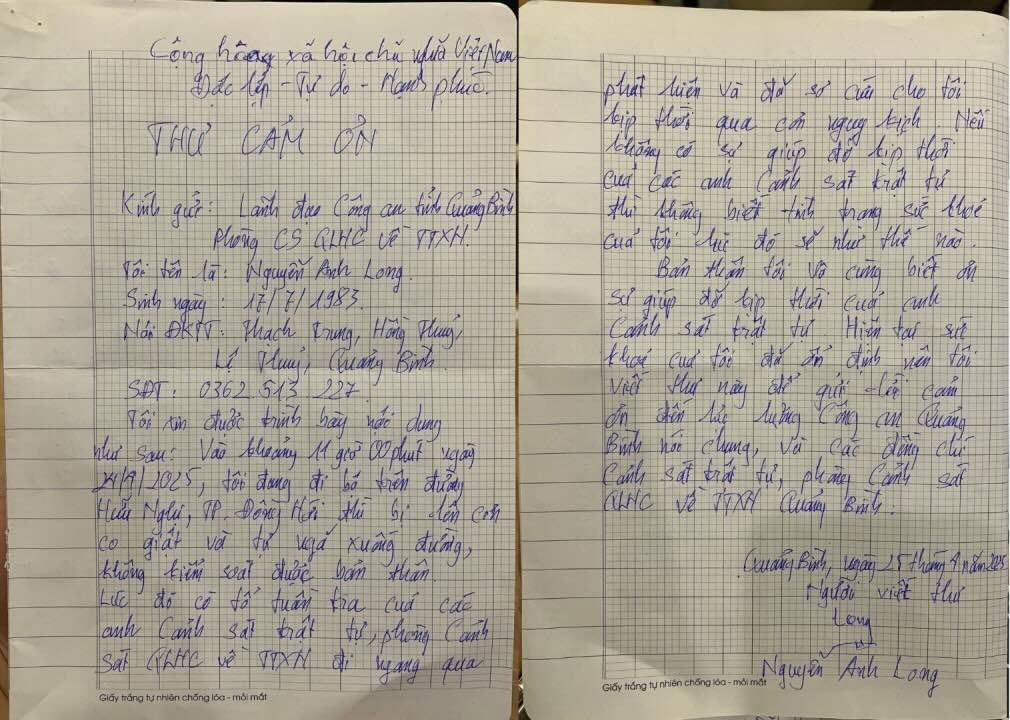 La carta de agradecimiento de la gente a la Policia Municipal de Quang Binh 113. Imagen de la Policia de Quang Binh