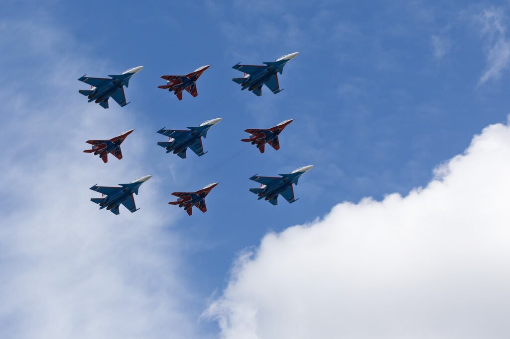 La aviacion rusa en el desfile de la Plaza Roja el 9 de mayo. Imagen: Ministerio de Defensa de Rusia