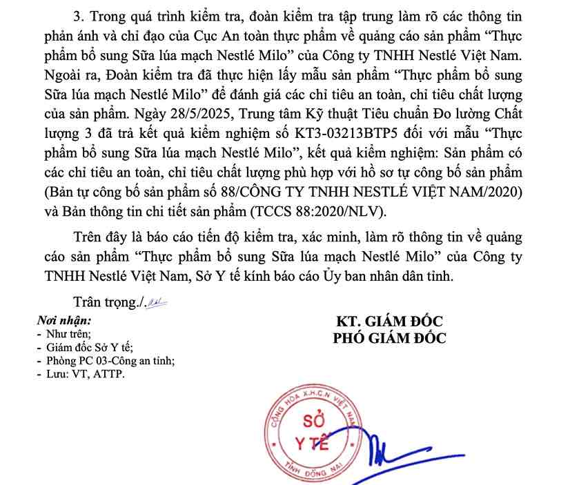 El documento del Departamento de Salud de Dong Nai informo sobre los suplementos de cebada de Nestle Milo de Nestle Vietnam Co., Ltd. Foto: HAC