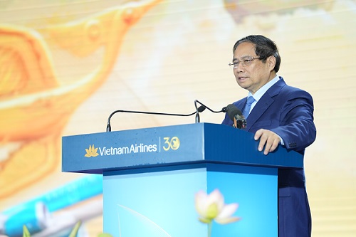 El primer ministro Pham Minh Chinh hablo en la celebracion. Foto: Vietnam Airlines