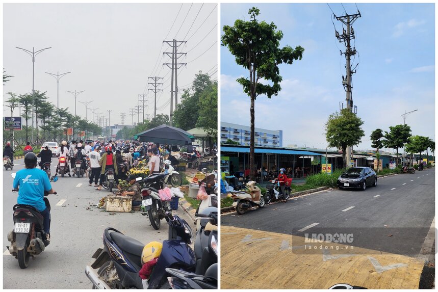 Chợ tự phát ven đường (ảnh trái) nhộn nhịp từ vỉa hè xuống lòng đường, chợ tạm (ảnh phải) phía trong vắng tanh. Ảnh: Tô Công.