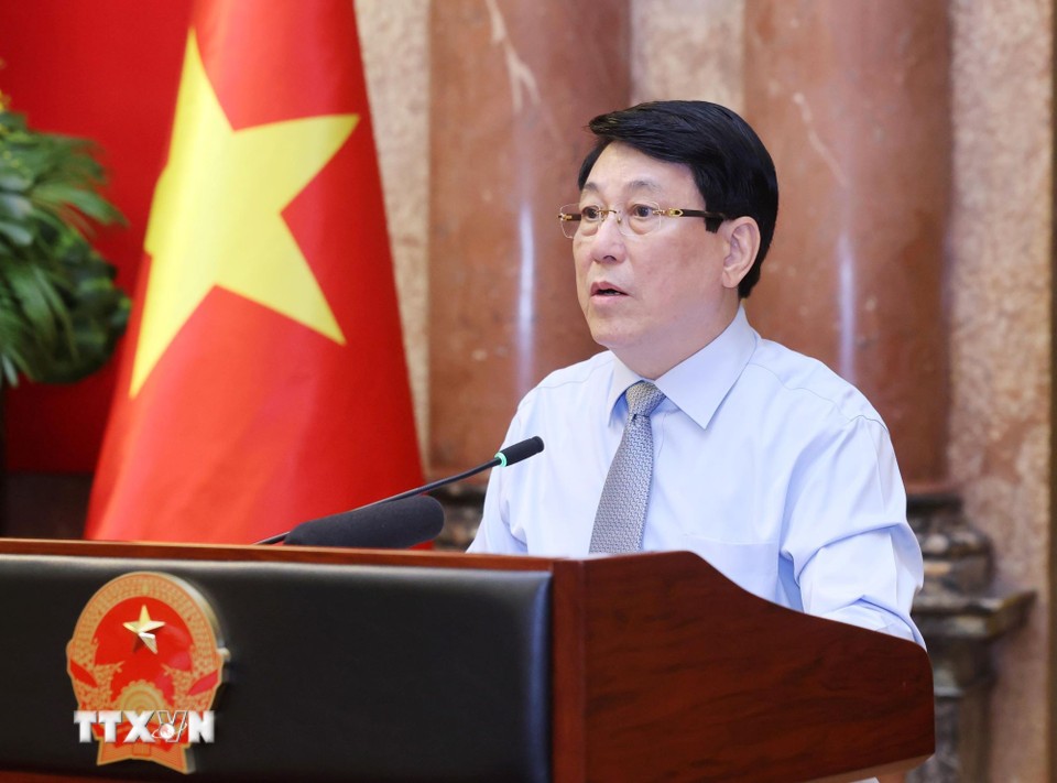 Chu tich nuoc Luong Cuong phat bieu tai cuoc gap mat. Anh: TTXVN