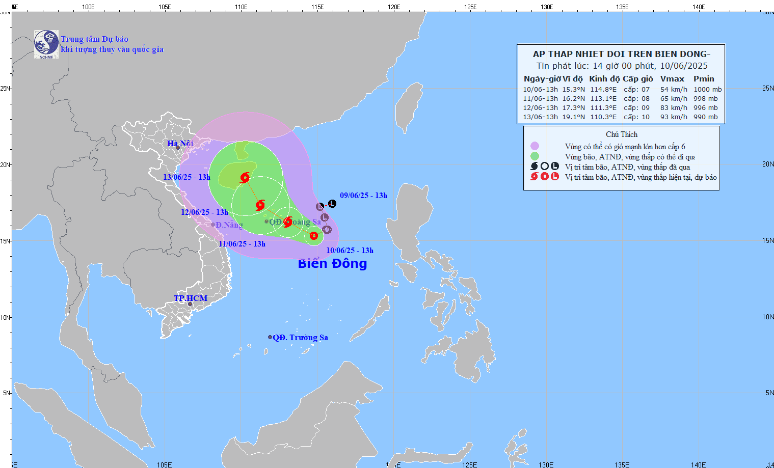 La actualizacion a las 13 en punto de 10.6 en la ubicacion y el camino de la depresion tropical esta a punto de ser mas fuerte en la tormenta No. 1. Fuente: El Centro Nacional de Pronostico Hidrometeorologico