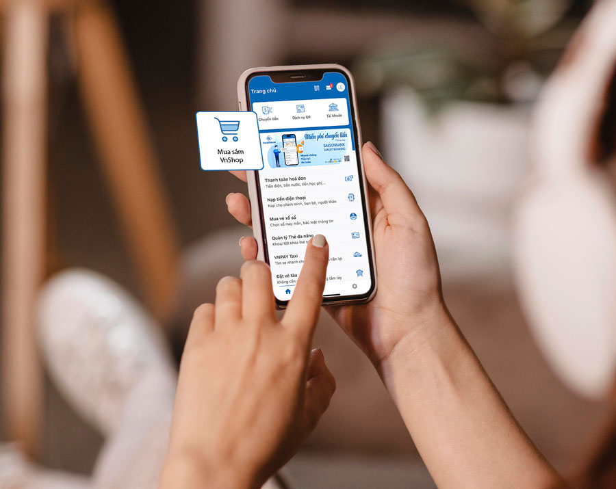 Tinh nang Mua sam VnShop tren ung dung SAIGONBANK Smart Banking.