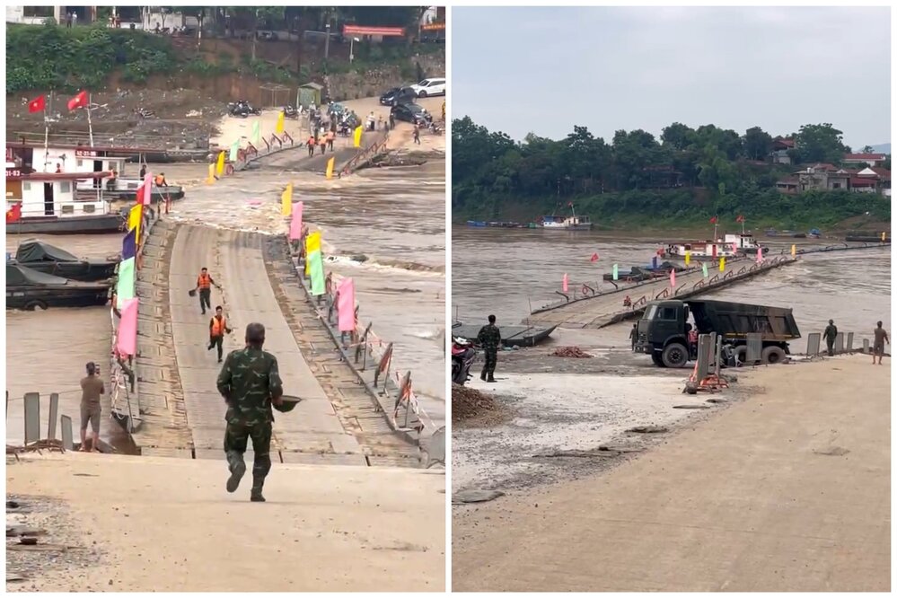 Phong Chau pontoon bridge had to temporarily suspend operation due to rising and rapid flow of the Red River. Photo: To Cong.