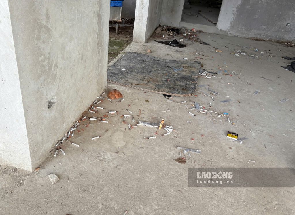 Ghi nhan cua phong vien Bao Lao Dong trong sang 11.6 tai cong vien Thong Nhat (TP Ha Noi), xung quanh mot cong trinh chua hoan thien nam trong cong vien nay xuat hien nhieu kim tiem da qua su dung nam vuong vai.