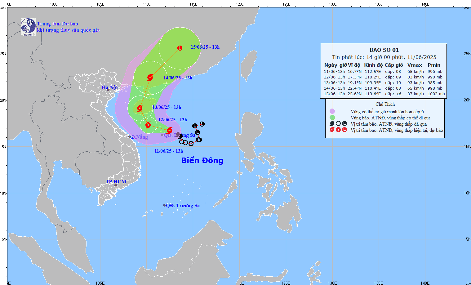 Actualizar la ubicacion y el camino del tifon No. 1 a las 13:00 el 11 de junio. Foto: Centro de pronostico hidrometeorologico nacional