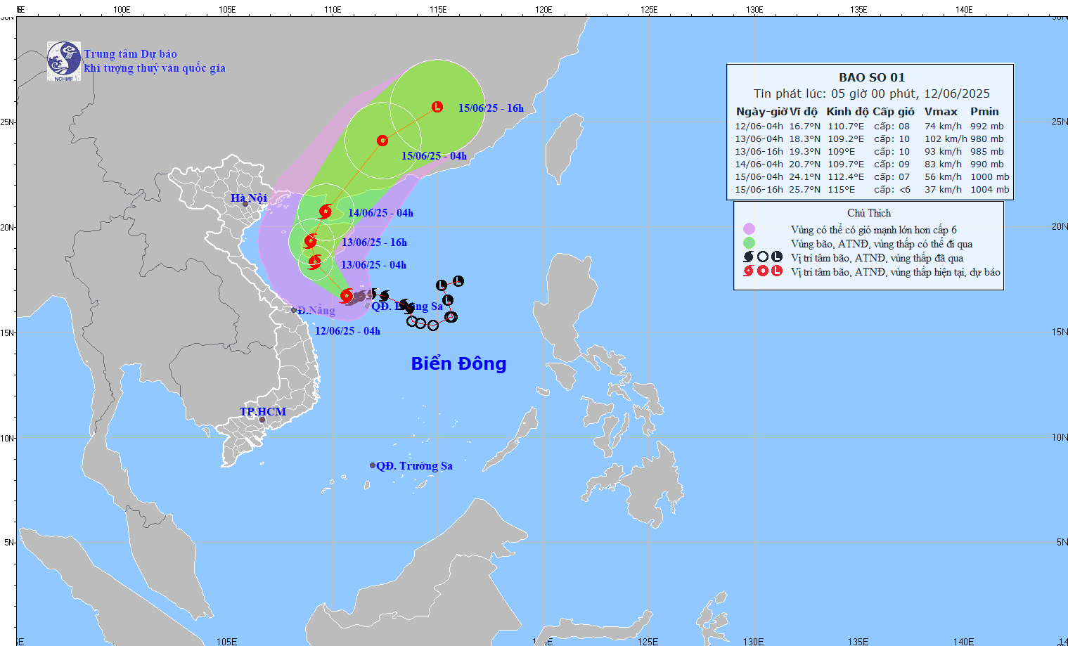 Forecast of the path and area affected by storm No. 1 WUTIP. Photo: NCHMF