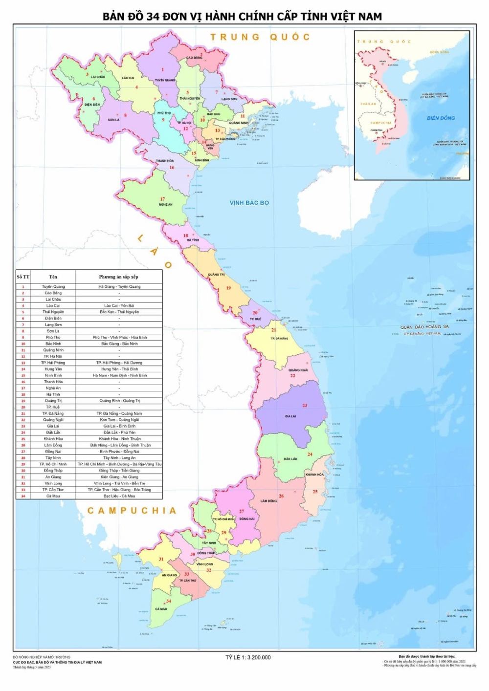 Ban do chi tiet ve 34 tinh, thanh moi cua Viet Nam. Anh: Cuc Do dac, Ban do va Thong tin dia ly Viet Nam