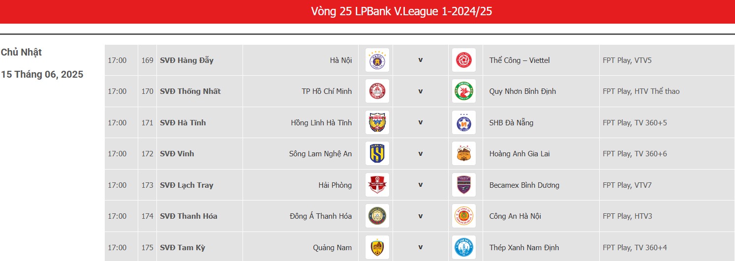 Lich thi dau vong 25 LPBank V.League 2024-2025. Anh: VPF
