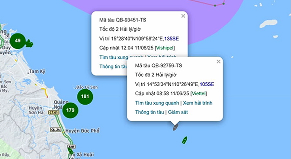 Locations of 2 Quang Binh fishing boats that sank while taking shelter from storm No. 1. Photo: Border Guard