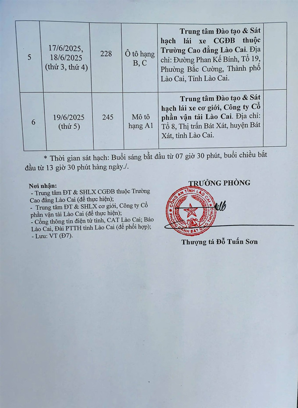 Thong bao lich thi sat hach lai xe cua Cong an tinh Lao Cai. Anh: Cong an Lao Cai
