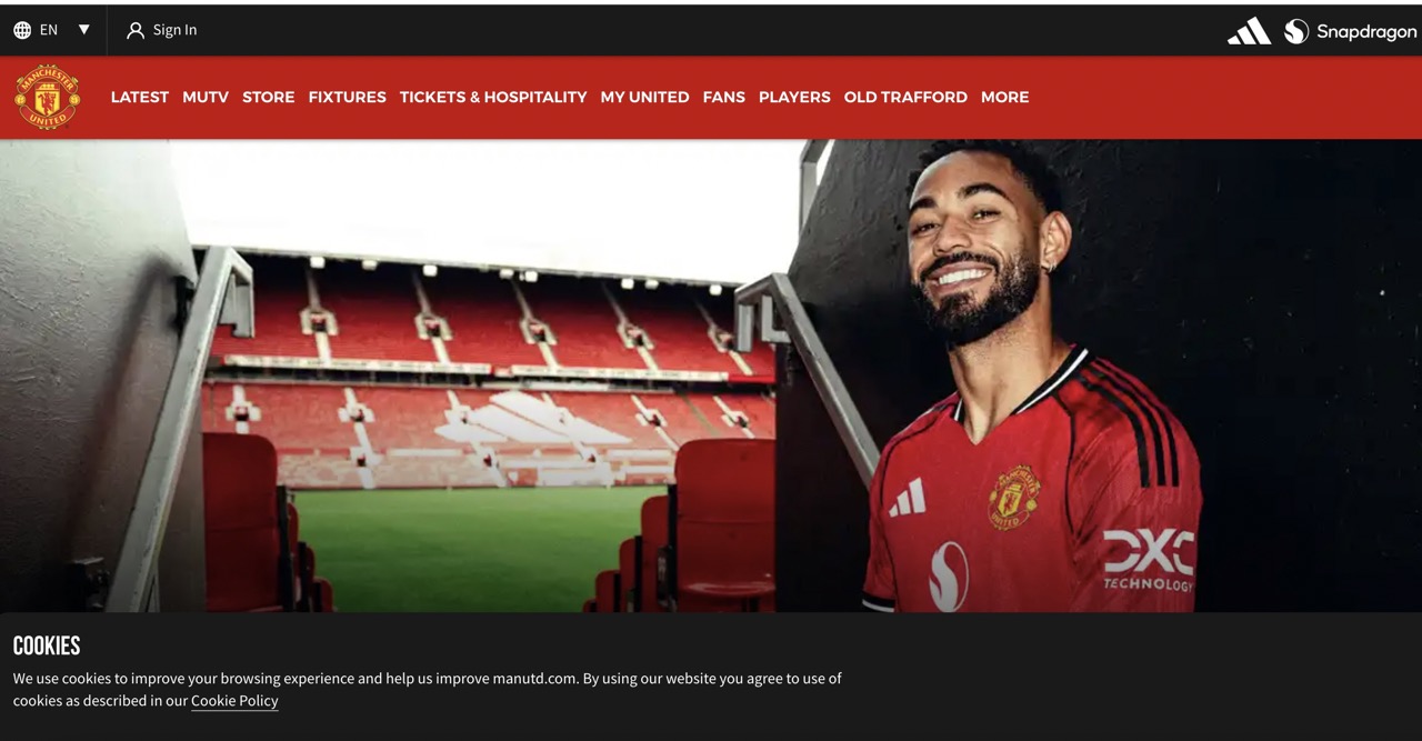 La pagina de inicio del United anuncio el novato Matheus Cuha. Foto tomada de la pagina de inicio de MUFC