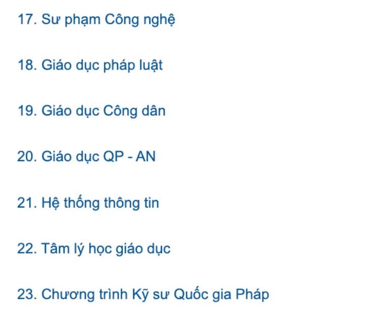 Cac nganh dao tao cua Truong Dai hoc Su pham, Dai hoc Hue.