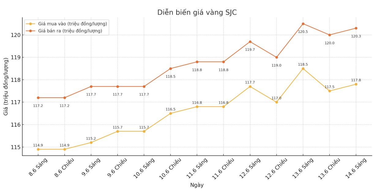 Dien bien gia vang SJC nhung phien giao dich gan day. Bieu do: Phan Anh