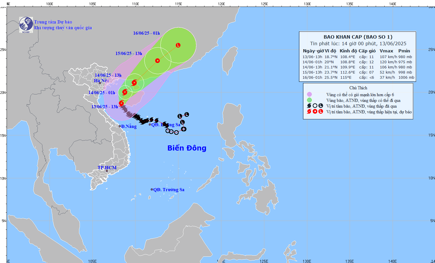 Cap nhat vi tri va duong di cua bao so 1 vao luc 14 gio ngay 13.6. Anh: Trung tam Du bao Khi tuong Thuy van Quoc gia