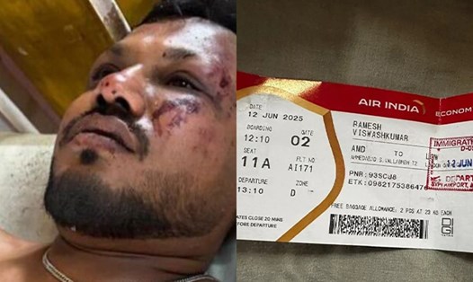 Chân dung nam hành khách sống sót sau tai nạn máy bay thảm khốc ở Ấn Độ ngày 12.6.2025 và tấm vé máy bay ghi số ghế 11A của anh. Ảnh cắt từ video