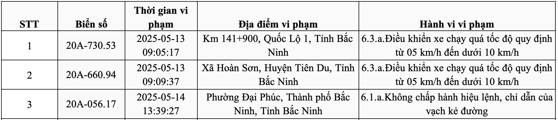 Danh sach phuong tien bien Thai Nguyen bi phat nguoi tu ngay 15-25.6.2025 tai Bac Ninh. Nguon: Cong an Bac Ninh
