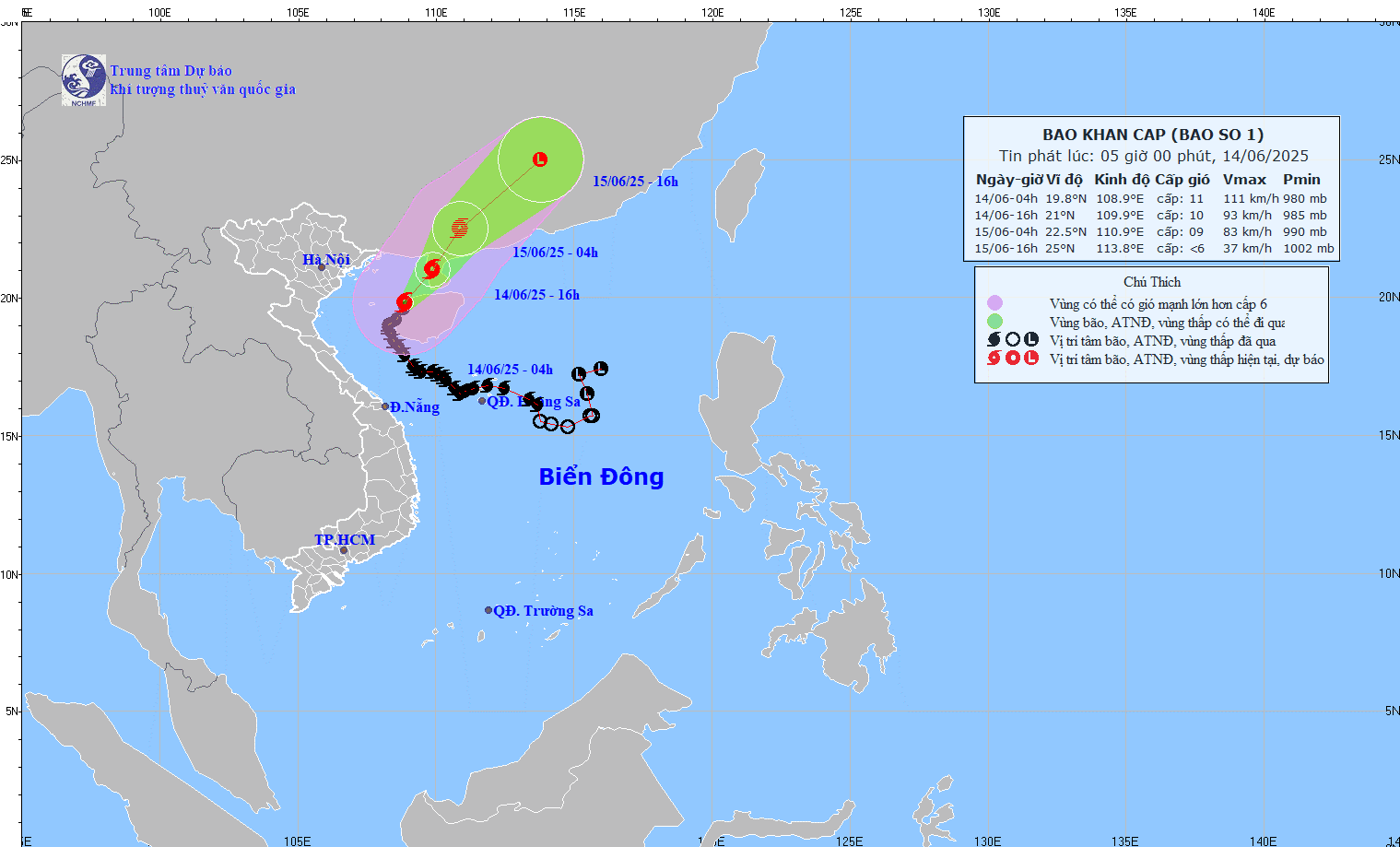 Cap nhat vi tri va duong di cua bao so 1 vao luc 5 gio ngay 14.6. Anh: Trung tam Du bao Khi tuong Thuy van Quoc gia