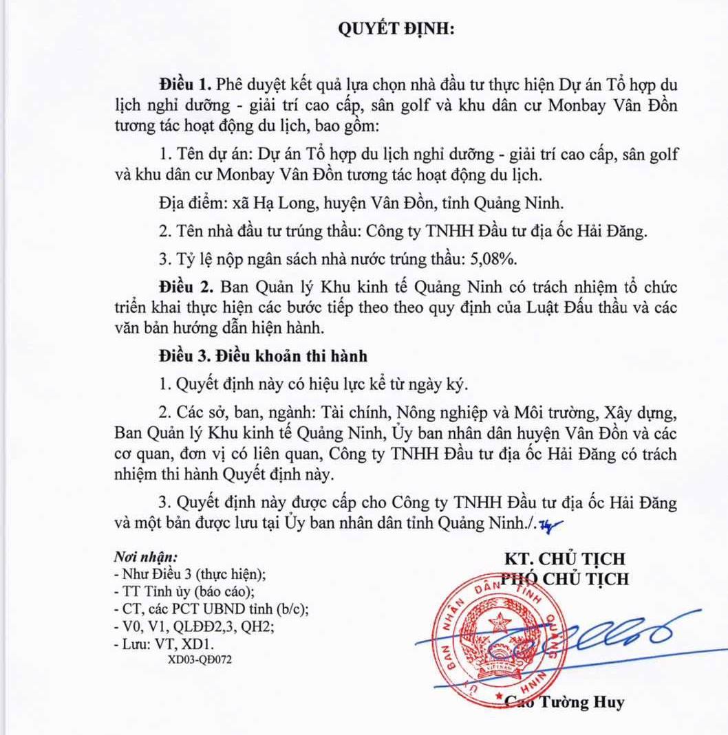 Quyet dinh phe duyet ket qua lua chon nha dau tu thuc hien Du an To hop du lich nghi duong – giai tri cao cap, san golf va khu dan cu Monbay Van Don