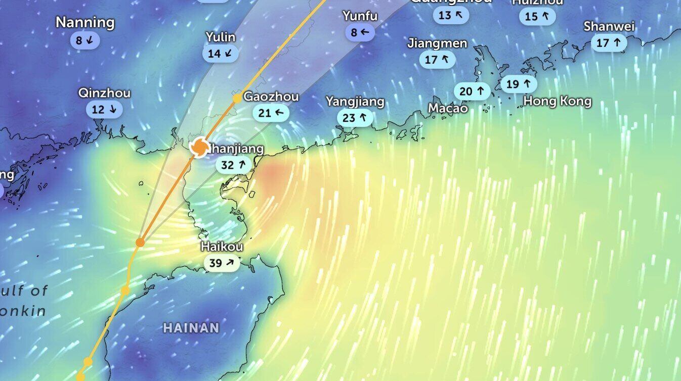 El tifon Wutip aterrizo por segunda vez aproximadamente a las 12:30 del 14 de junio, cerca de Lei Chau, provincia de Guangdong, China. Foto: Zoom Earth