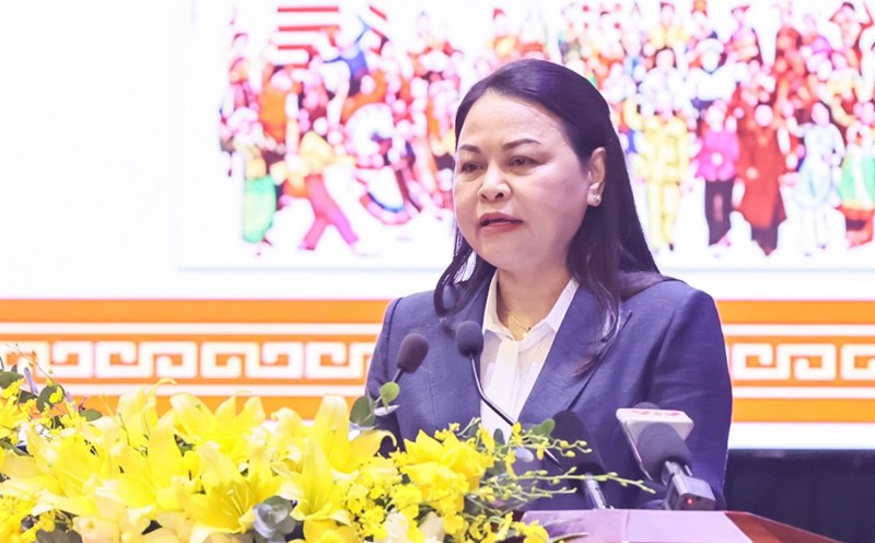 Vice President - General Secretary of the Central Committee of the Vietnam Fatherland Front Nguyen Thi Thu Ha spoke at the conference. Photo: Hai Nguyen