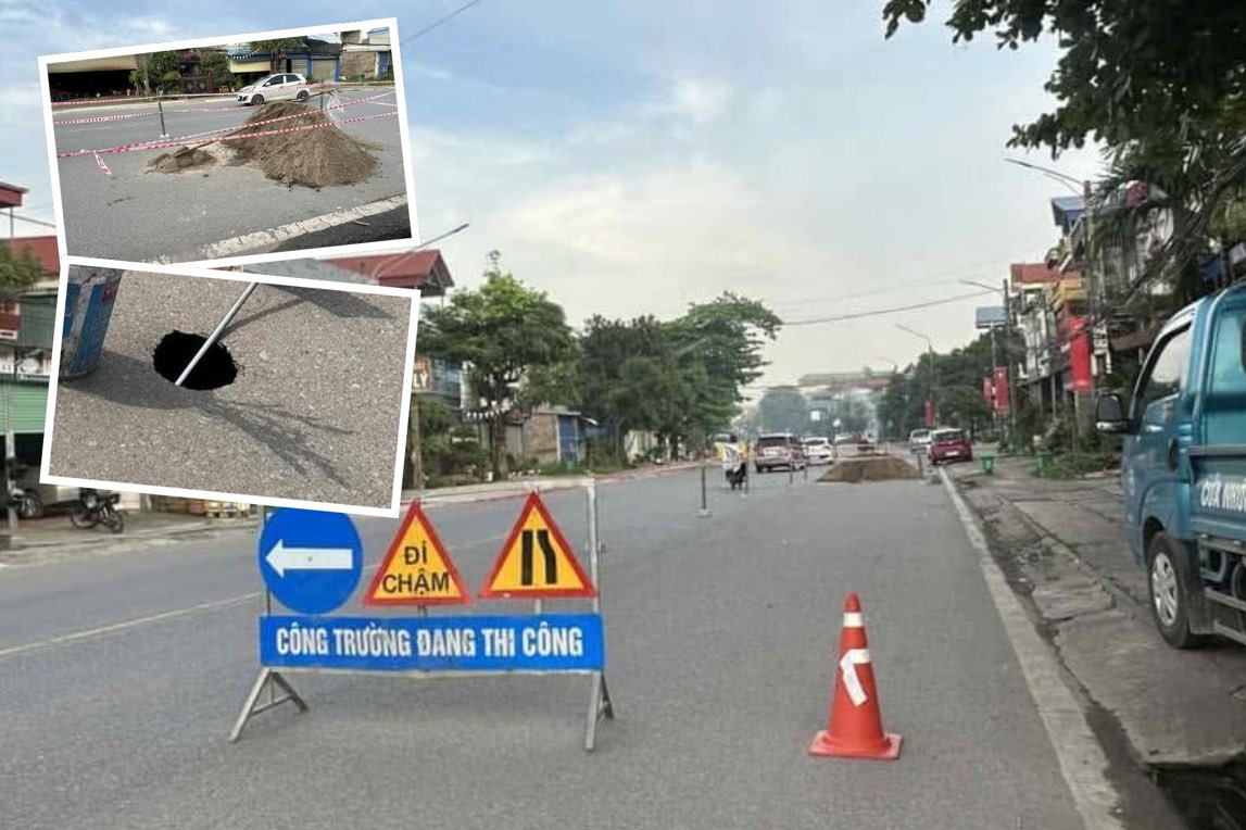 The death hole suddenly appeared in the middle of National Highway 3 in Thai Nguyen. Photo: Cong Minh.