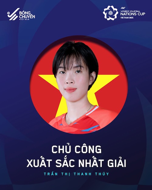 Thanh Thuy gianh giai thuong Chu cong xuat sac nhat AVC Nations Cup 2025. Anh: Bong chuyen Viet Nam