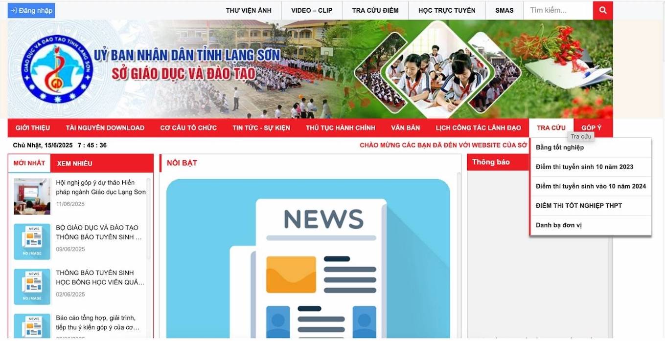 Giao dien website tra cuu diem thi vao lop 10 nam hoc 2025 - 2026 tai Lang Son.