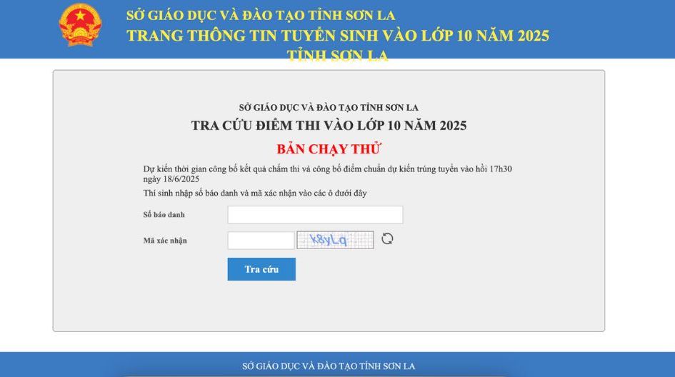 Giao dien website tra cuu diem thi vao lop 10 nam hoc 2025 - 2026 tai Son La.