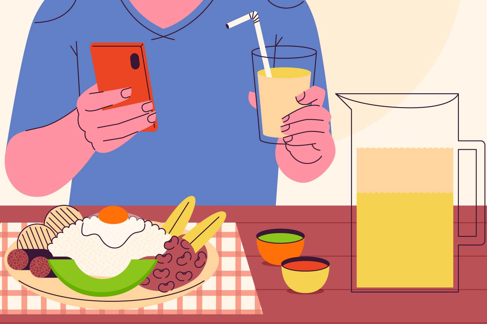 Các chuyên gia khuyên nên tránh dùng điện thoại trong bữa ăn, tập trung cảm nhận món ăn để cải thiện sức khỏe và phòng ngừa các rối loạn chuyển hóa. Đồ họa: Cát Tiên