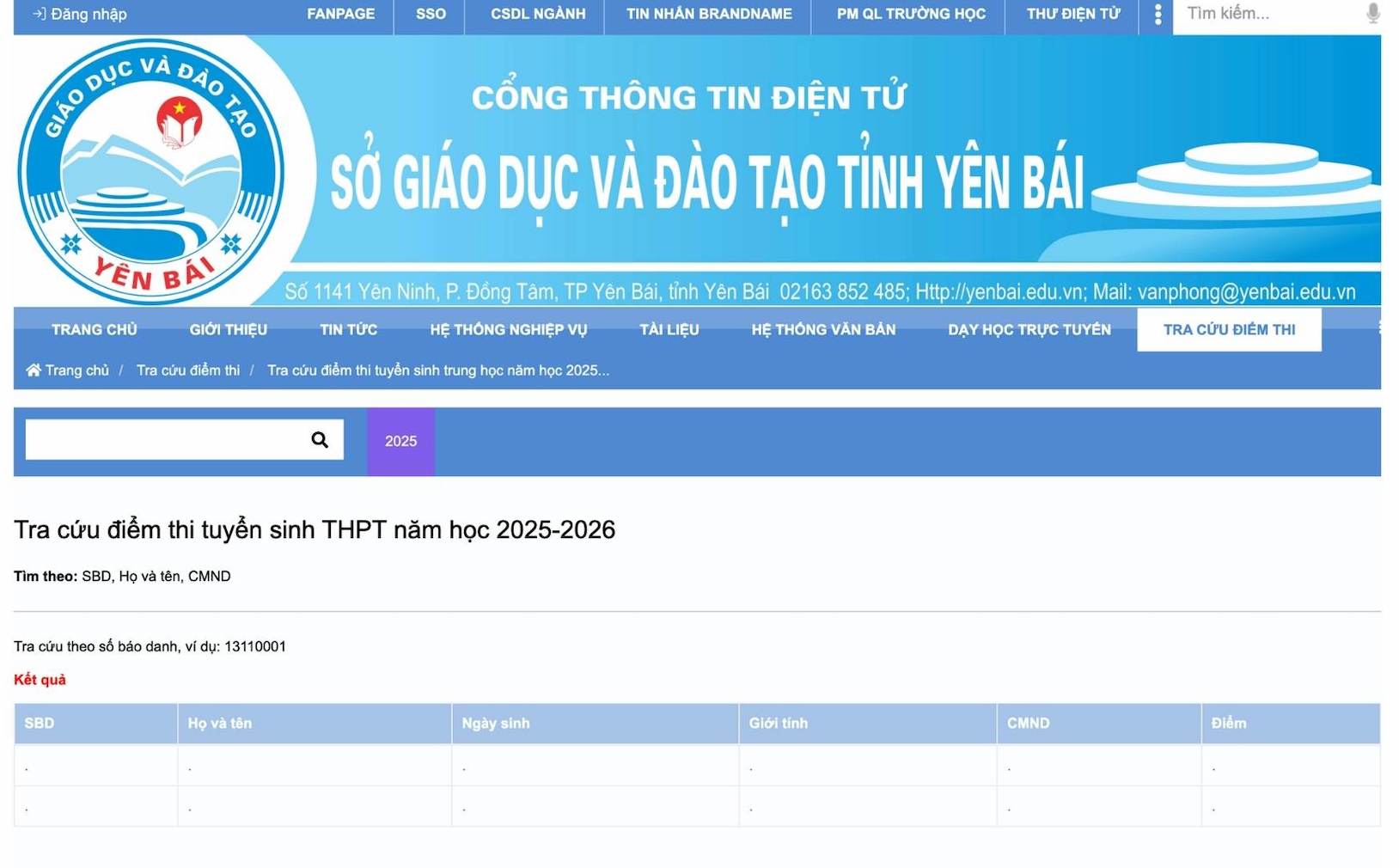 Giao dien website tra cuu diem thi vao lop 10 nam hoc 2025 - 2026 tai Yen Bai.  