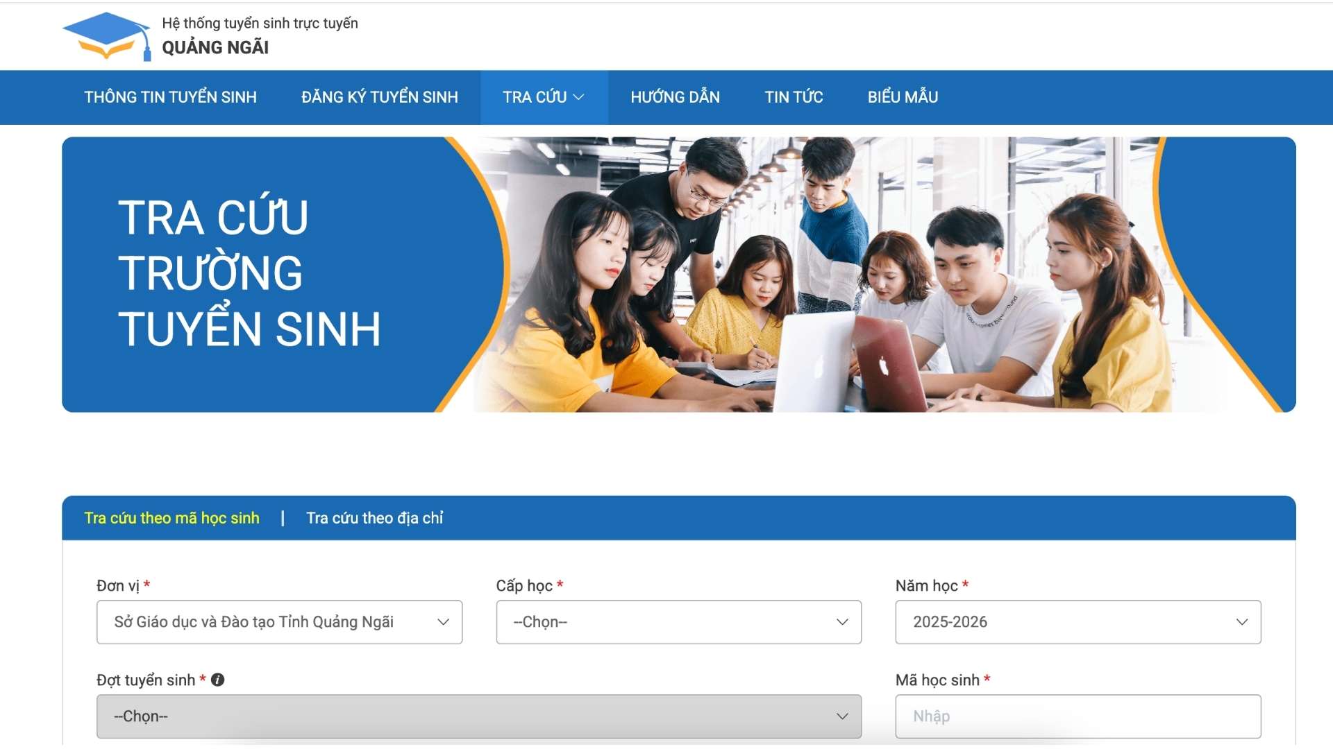 Giao dien website tra cuu diem thi vao lop 10 nam hoc 2025 - 2026 tai Quang Ngai.
