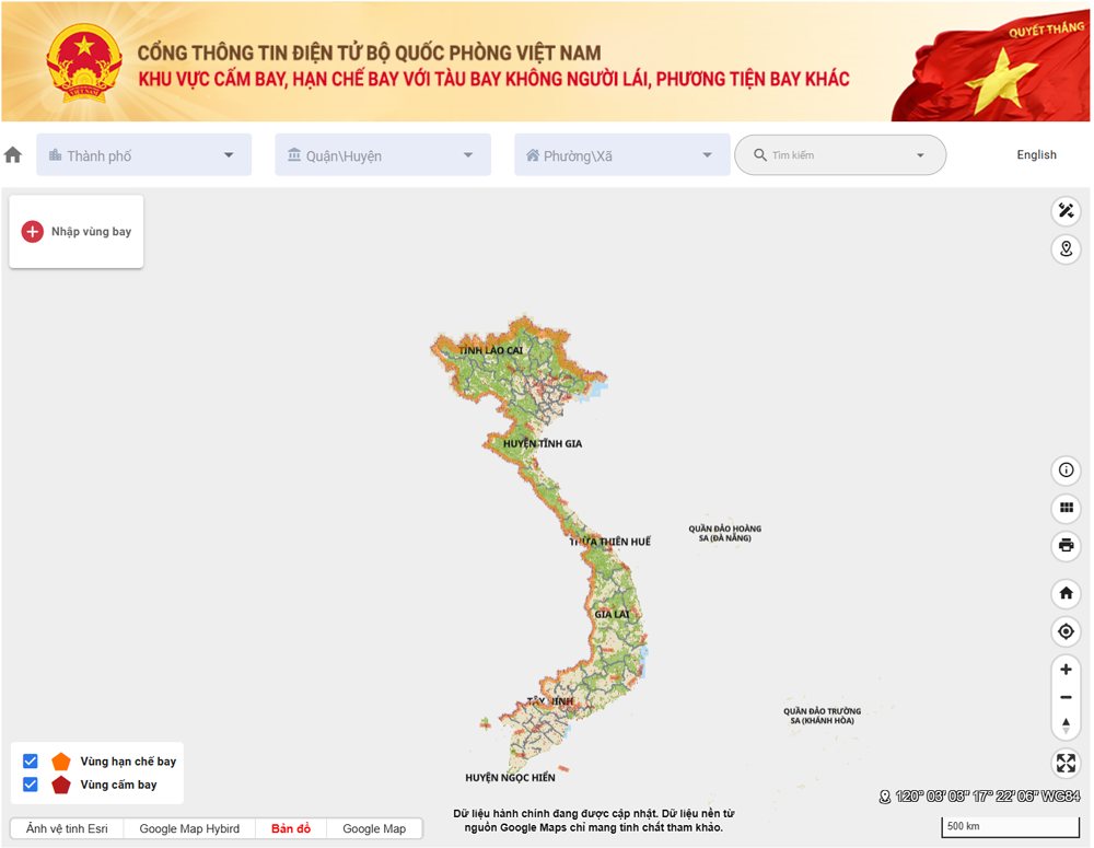 Interface the homepage http://cambay.mod.gov.vn to look up areas where flights are prohibited and areas where drones are restricted. Photo: Ministry of National Defense
