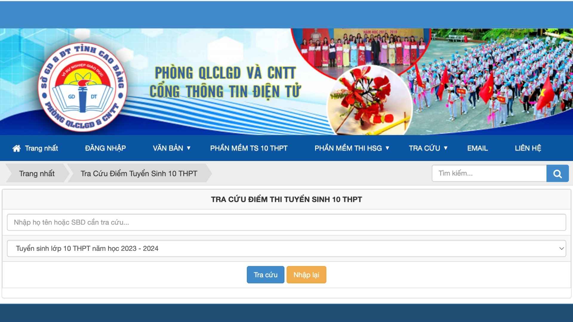 Giao dien website tra cuu diem thi vao lop 10 nam hoc 2025 - 2026 tai Cao Bang.