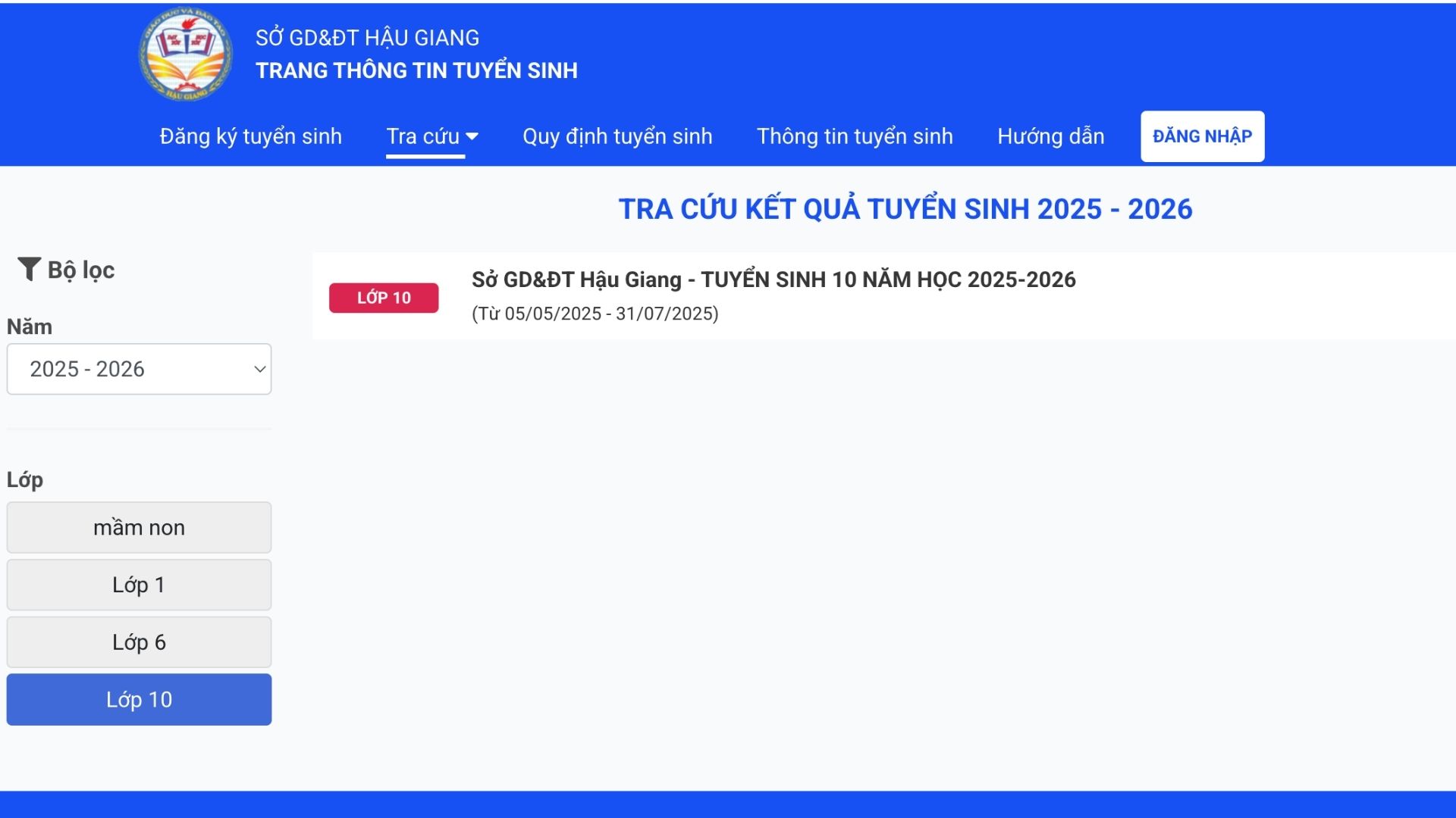 Giao dien website tra cuu diem thi vao lop 10 nam hoc 2025 - 2026 tai Hau Giang.  