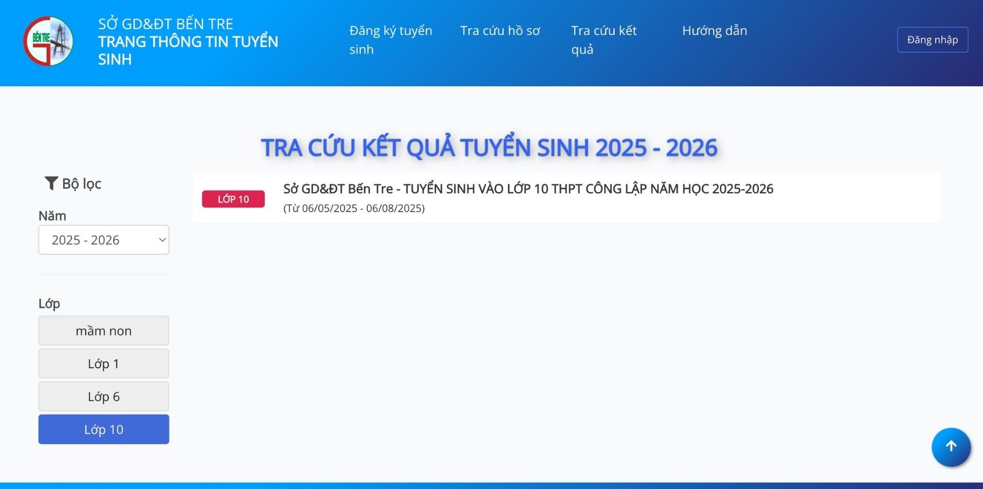 Giao dien website tra cuu diem thi vao lop 10 nam hoc 2025 - 2026 tai Ben Tre.
