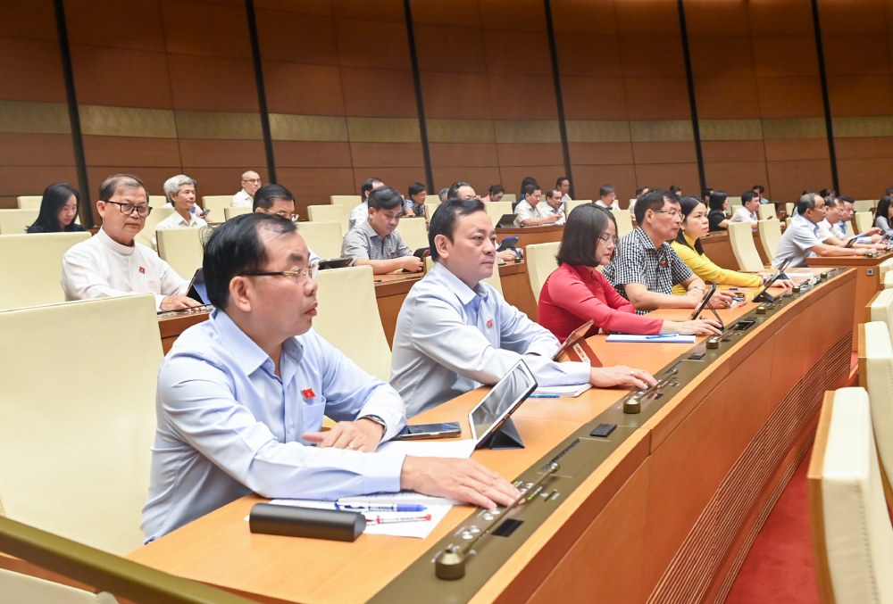 Hoy, la Asamblea Nacional voto a traves de la resolucion de la Asamblea Nacional sobre la reduccion de impuestos del valor agregado. Foto: Pham Dong