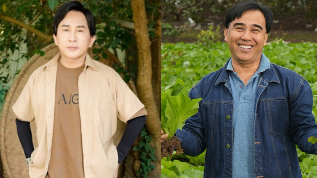 Nghe si Kim Tu Long (trai) va MC Quyen Linh. Anh: Nha san xuat chuong trinh “Ve que lam giau” cung cap