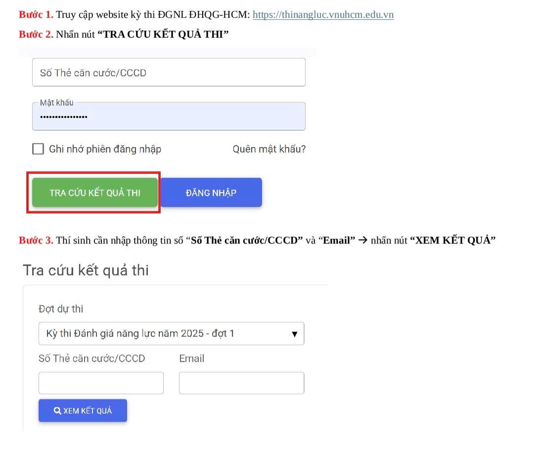 Huong dan cac buoc thuc hien de xem diem thi danh gia nang luc. Nguon: DHQG-HCM