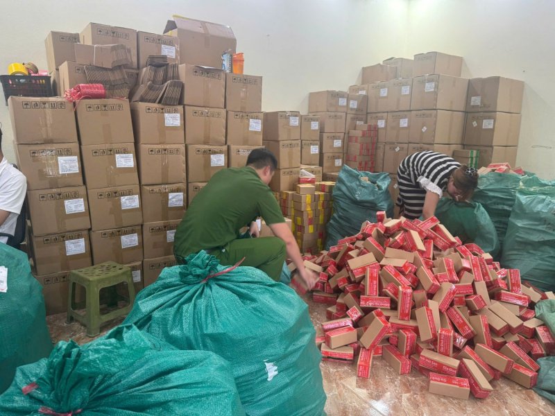 Lực lượng chức năng kiểm tra kho hàng của Công ty TNHH Hải Bé. Ảnh: Công an Ninh Bình