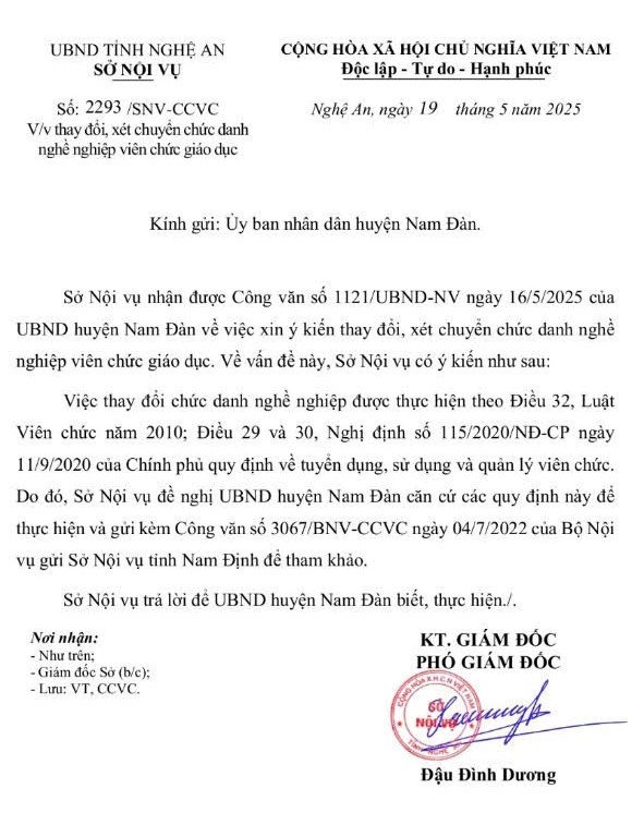 Van ban cua So Noi vu Nghe An phuc dap cong van cua UBND huyen Nam Dan ve viec giai quyet kien nghi cua giao vien. Anh: Quang Dai