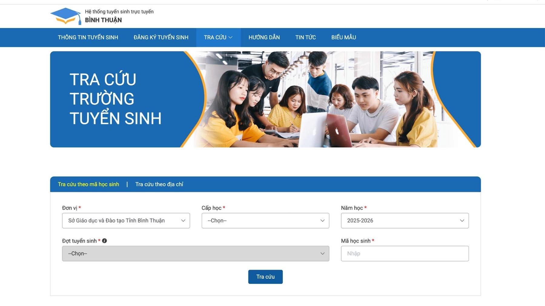 Giao dien website tra cuu diem thi vao lop 10 nam hoc 2025 - 2026 tai Binh Thuan.