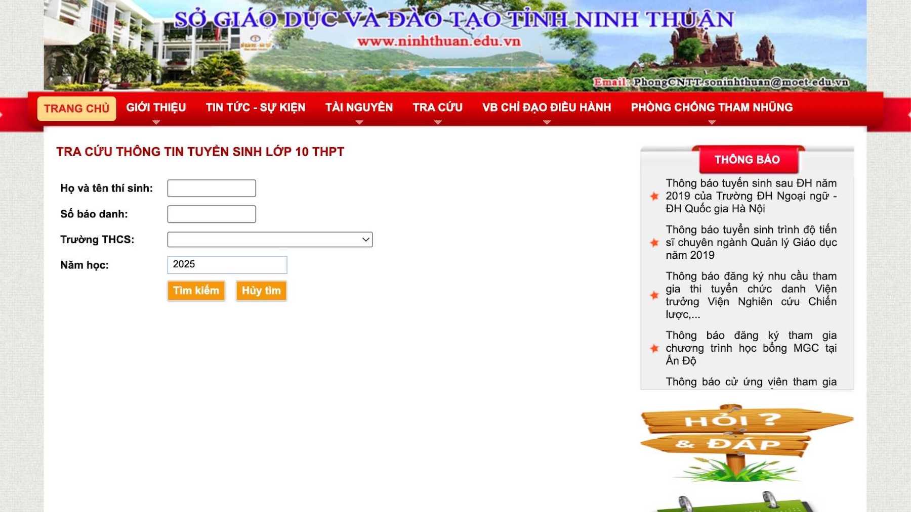 Giao dien website tra cuu diem thi vao lop 10 nam hoc 2025 - 2026 tai Ninh Thuan.