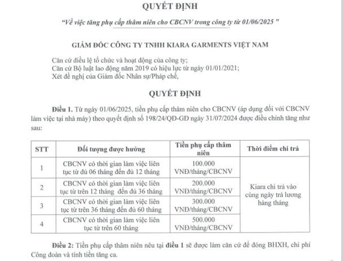 Cong ty TNHH Kiara Garments Viet Nam dieu chinh tang phu cap tham nien cho nguoi lao dong dang lam viec.